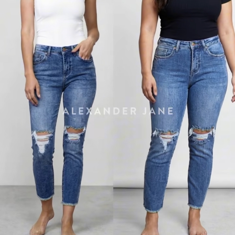 High-Rise Distressed Women's Jeans - Blue
